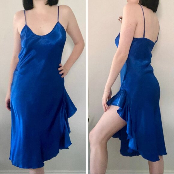 Vintage 1980s Lady Cameo of Dallas Electric Blue Satin Slip Dress w/ High Slit - Picture 1 of 14